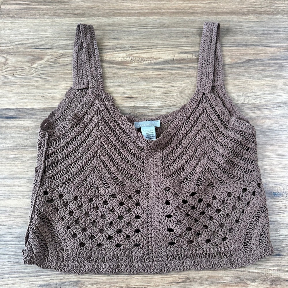 Sans Souci Brown Crochet Knit Tank Top Cotton Boho Festival Cottage Womens Large